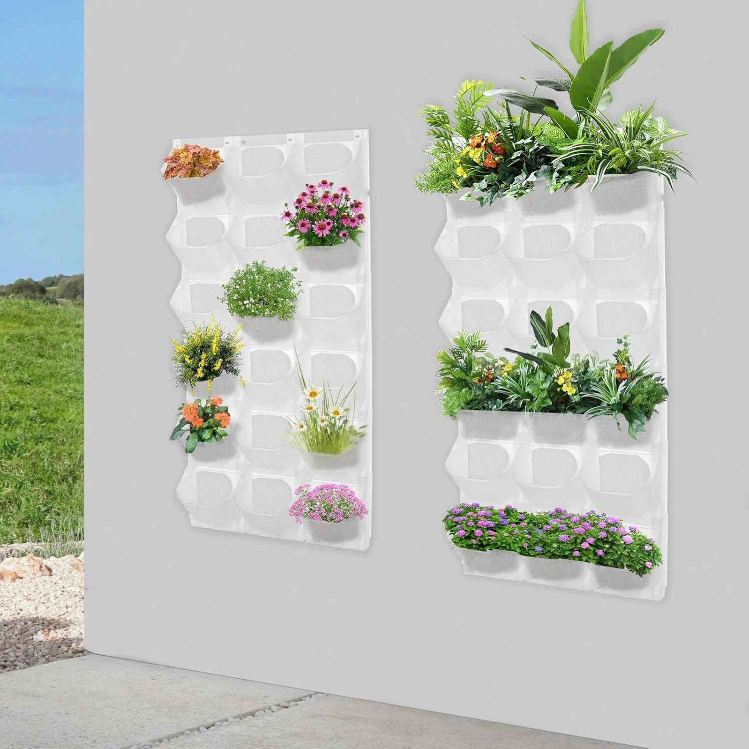 2 PCS Self-Watering Wall Planter, Wall-Mounted Vertical Garden Planter with 36 Pots for Indoor Outdoor Flowers Vegetables Herbs (White)