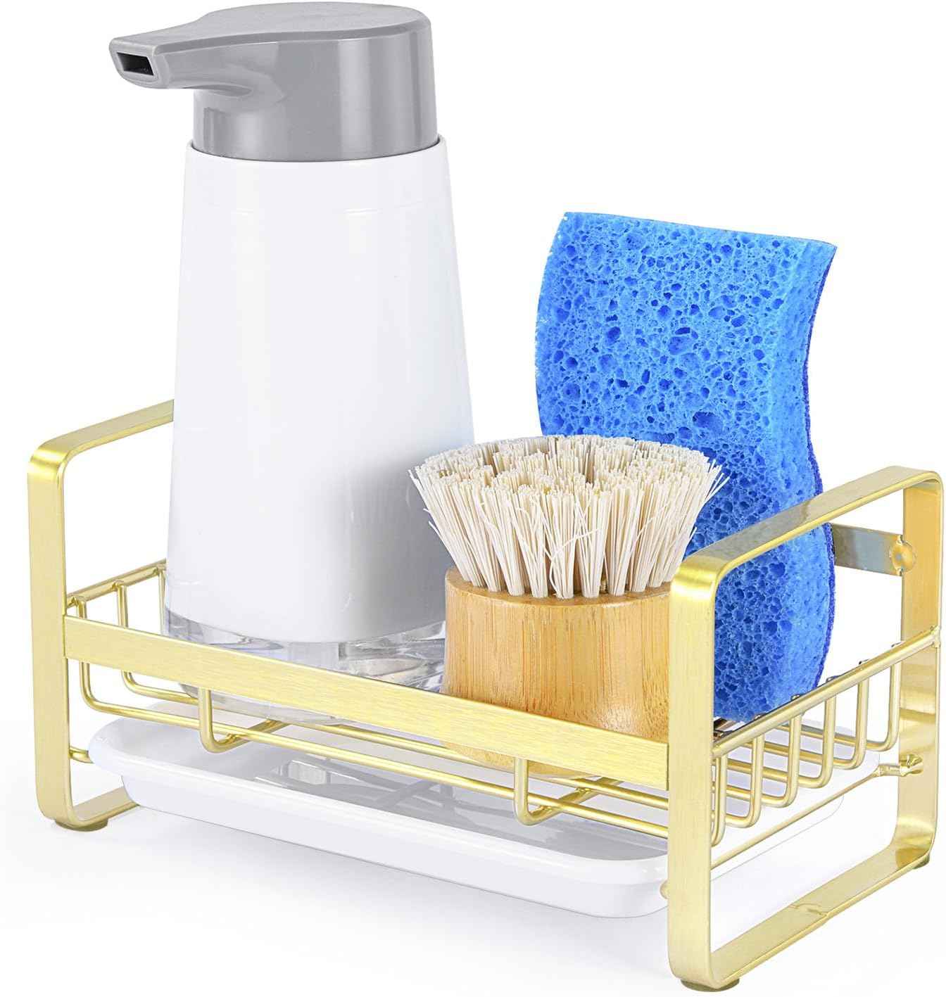 HULISEN Kitchen Sink Sponge Holder, 304 Stainless Steel Kitchen Soap Dispenser Organizer, Countertop Drainer with Removable Tray, not Including Dispenser and Brush, Gold