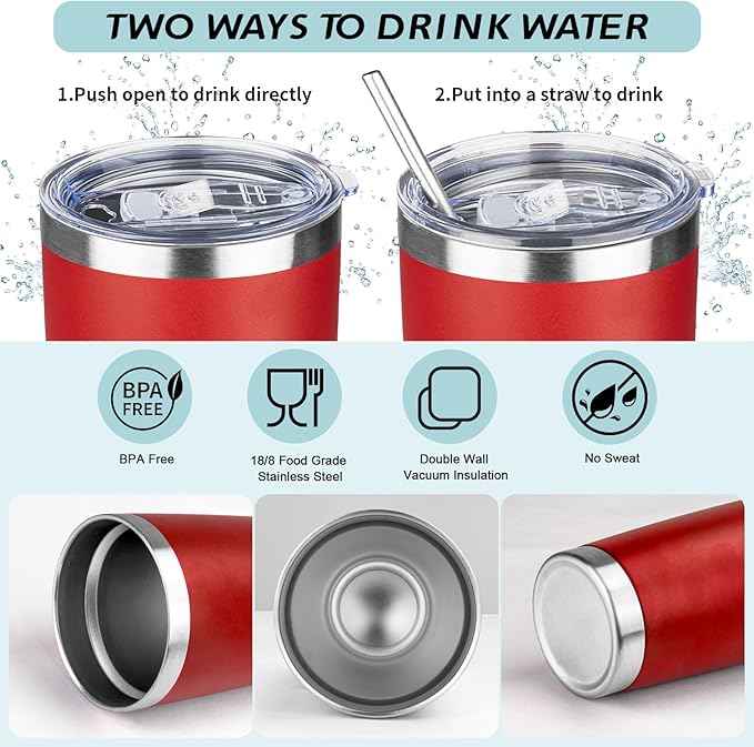 20oz Tumbler with Straw and Brush, Stainless Steel Vacuum Insulated tumbler, Double Wall Insulated Coffee Tumbler for Outdoor, Home, Travel,Office (Bright Red,4pcs)