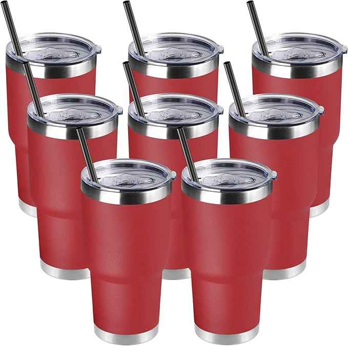 DOMICARE 30oz Tumbler Bulk with Lid and Straw, Double Wall Travel Coffee Mug, Insulated Vacuum Stainless Steel Tumblers, Powder Coated Tumbler Cup (Red, 8)