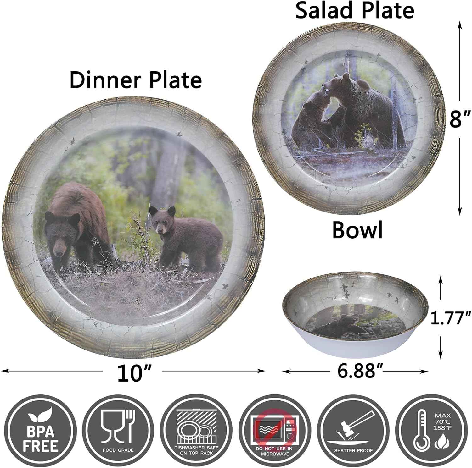 Melamine Dinnerware set for 4 - Dinner Plates Bowls Set 12 PCS Durable BPA Free Dishwasher Safe Shatter-Proof Chip Resistant for Indoor Outdoor,Bear
