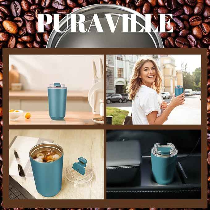 Puraville Insulated Tumblers with Lid, 10 oz Travel Coffee Mug Stainless Steel Vacuum Cup, Leak Proof Reusable Double Walled Coffee Tumbler for Iced and Hot Drinks, Peacock Blue
