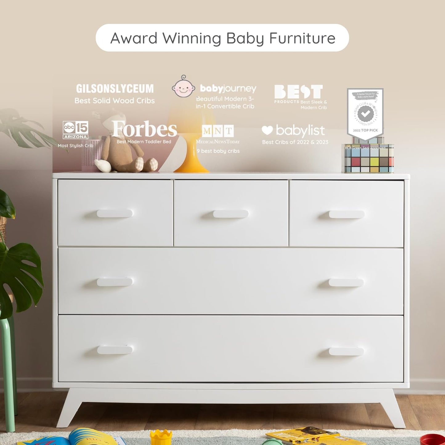 dadada Soho 5-Drawer Dresser for Nursery and Bedroom - Modern Design, Large Storage, Baby-Safe Finish, Soft Close Drawers, Anti-Tip Safety, Sturdy Legs & Solid Wood Handles, 47” Wide (White)