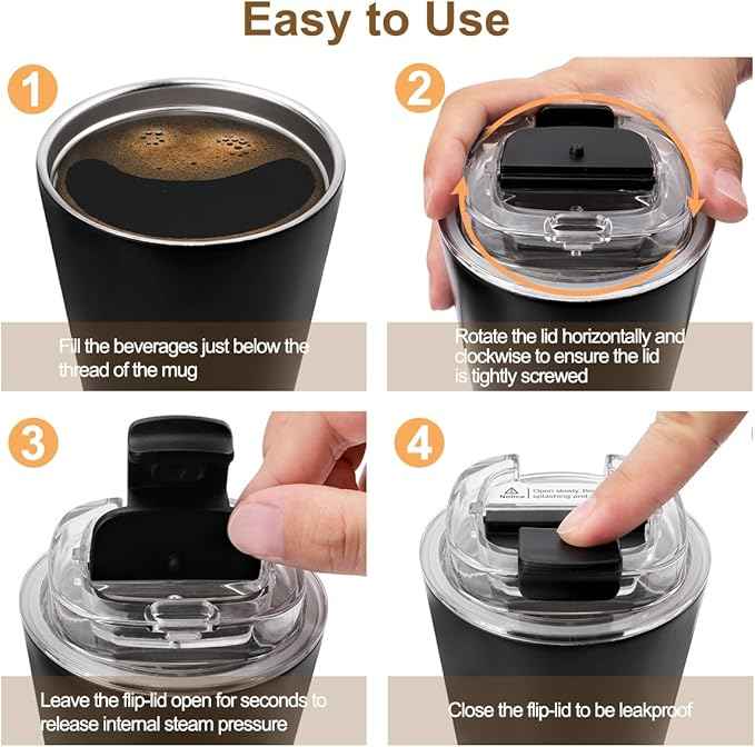 PHILORN Travel Mug Spill Proof - 12 OZ Insulated Coffee Cup With Lid, Black Stainless Steel Coffee Mug with Double Wall, For Hot and Cold Drinks