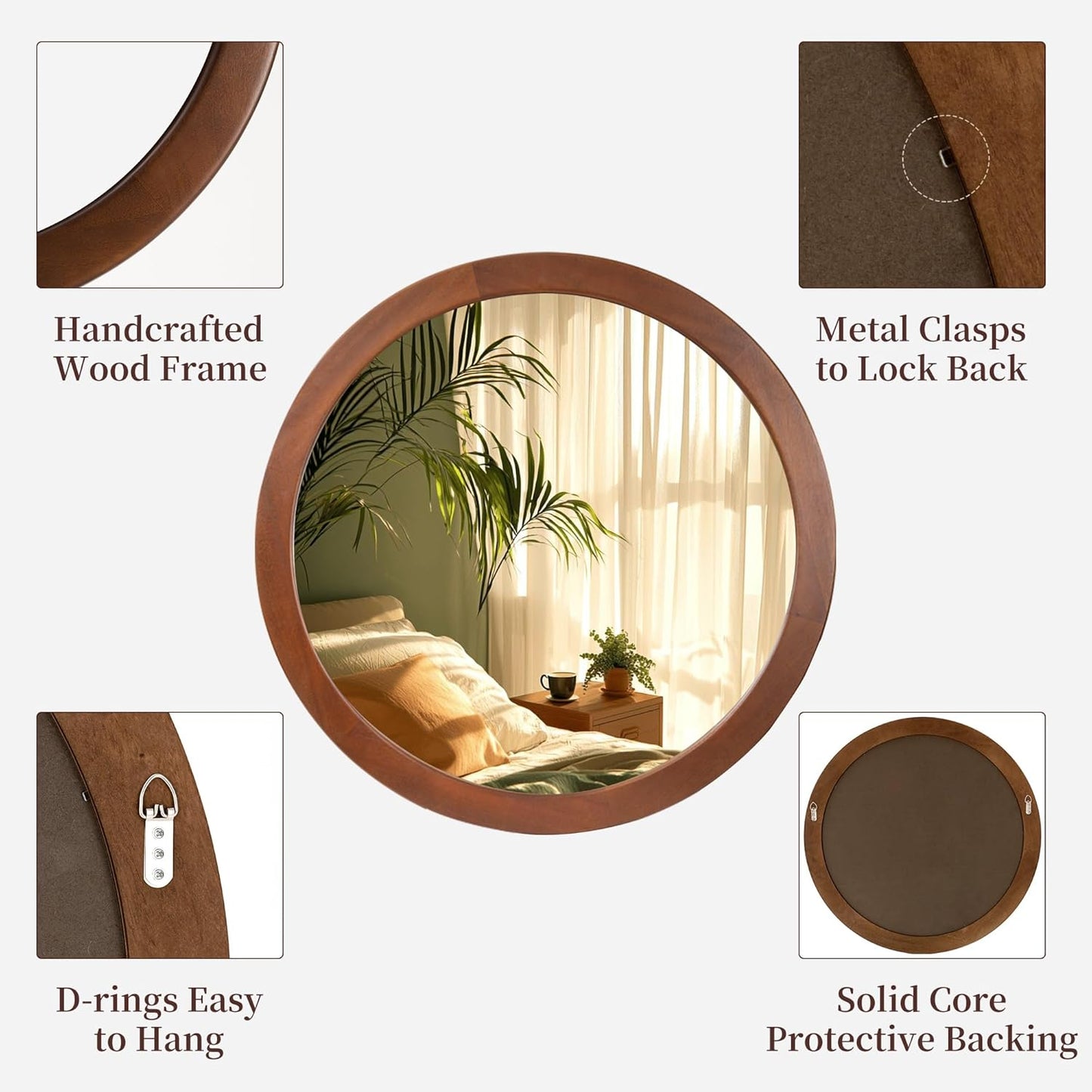 CULER Round Mirror 36 Inch,Wood Rustic Bathroom Tempered Wall Mirror with Walnut Frame,Farmhouse Wooden Vanity Circle Mirrors for Living Room,Entryway or Bedroom（Walnut Brown）