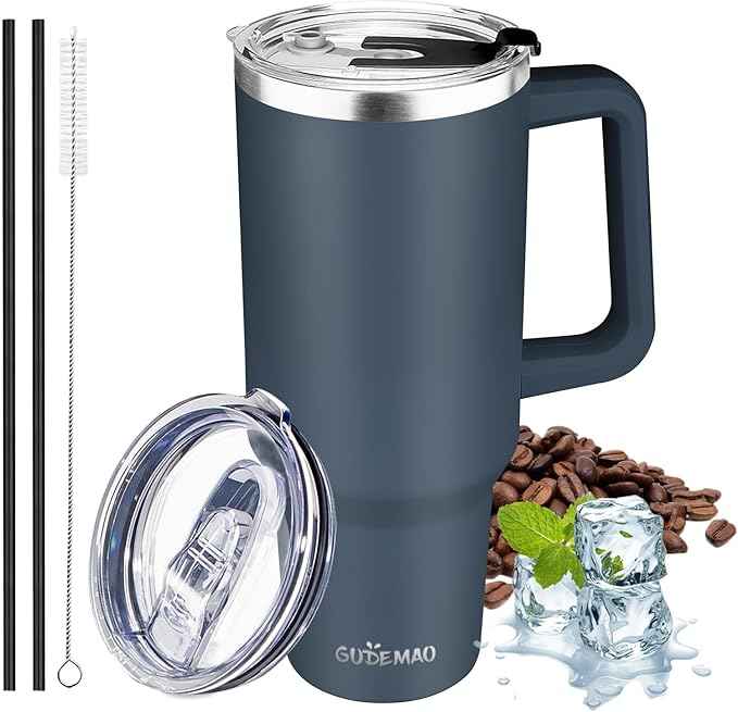 40 oz Tumbler with Handle, Insulated Tumbler with Lid and Straw, Reusable Stainless Steel Vacuum Insulated Cup, 100% Leak Proof Thermal Travel Coffee Mug Cup for Cold and Hot (Deep Blue)