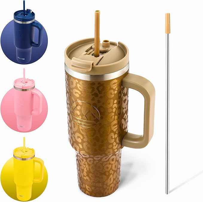 FAHRMOSIS 40 Oz Tumbler with Handle and Straw Insulated Cup that Fits in Cup Holder for Hot & Cold Drinks Leak Proof Tumbler with Straw Stainless Steel Travel Mug for Men & Women - Gold Leopard
