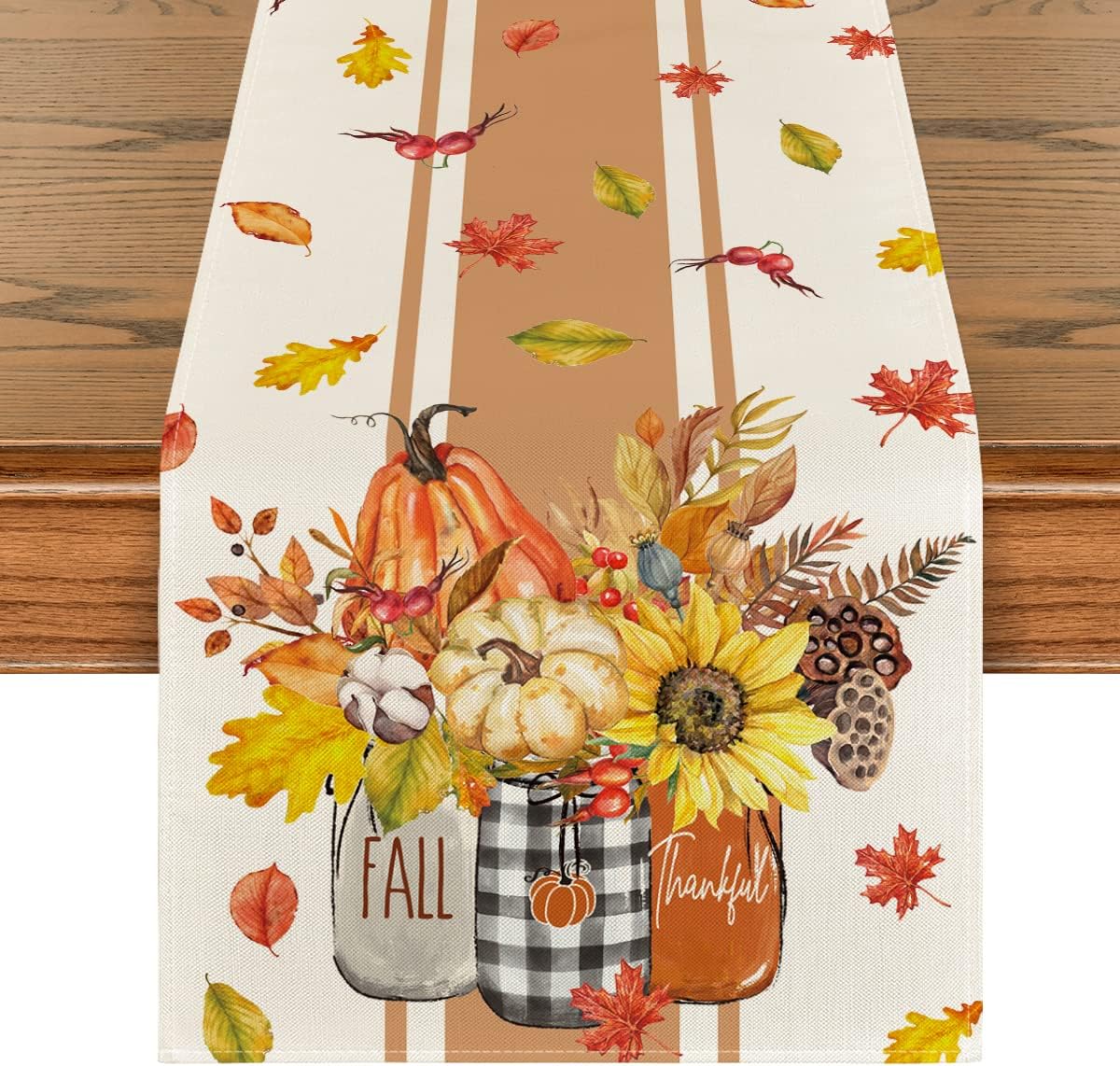 Artoid Mode Thankful Fall Pumpkin Leaves Floral Vases Table Runner, Autumn Thanksgiving Kitchen Dining Table Decoration for Home Party Decor 13x36 Inch