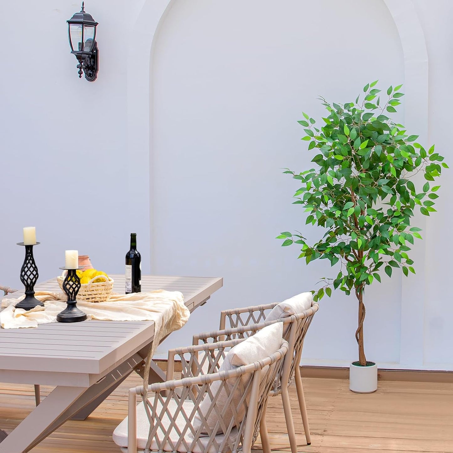 6FT Artificial Ficus Tree with White Planter, Realistic Faux Silk Indoor Outdoor Plant for Home Office Living Room, Porch, Garden Decor