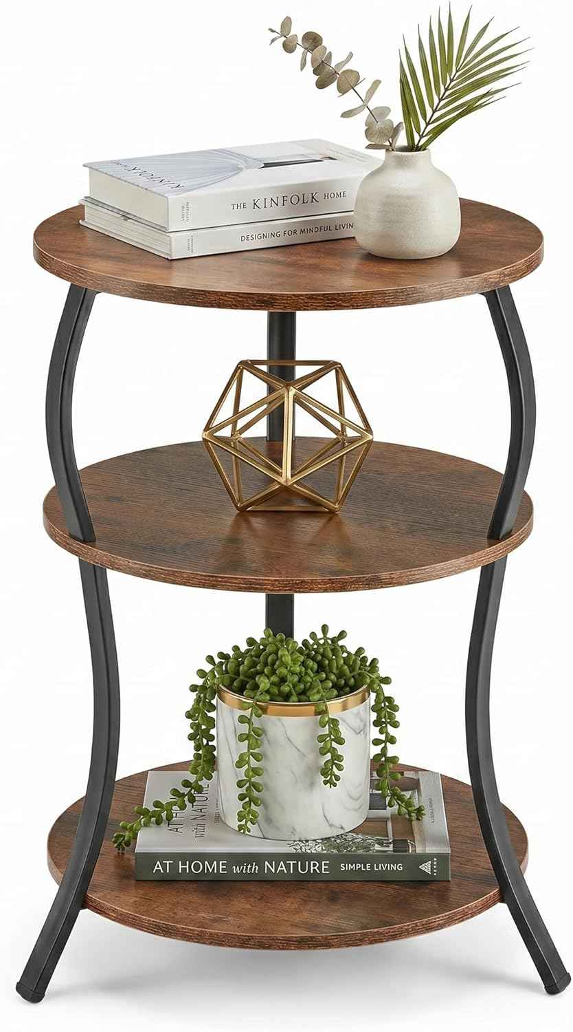 Round Side Table, 3-Tier End Table with Storage Shelf for Narrow and Small Spaces, Round Sofa Table Vintage Corner Tables for Living Room,Bedroom Nightstand/Rustic Brown