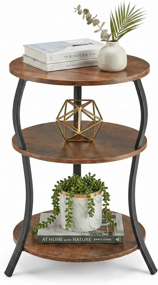 Round Side Table, 3-Tier End Table with Storage Shelf for Narrow and Small Spaces, Round Sofa Table Vintage Corner Tables for Living Room,Bedroom Nightstand/Rustic Brown