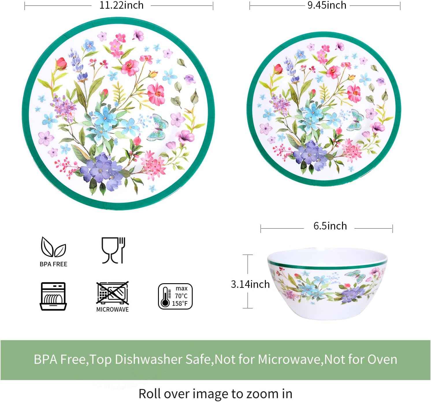 Melamine Dinnerware Set 12-Piece for 4 Dish Set Plates Bowls Unbreakable Dishware for Indoor Outdoor Use Lightweight Durable for Camping Picnics Parties Green