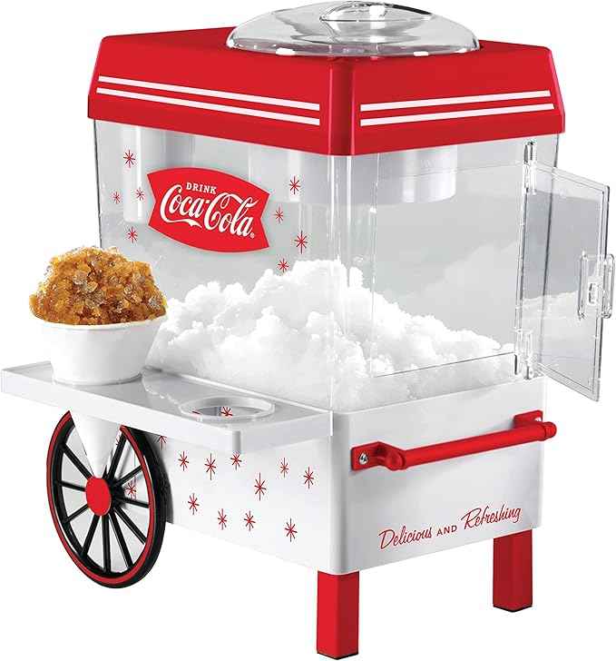 Nostalgia Coca-Cola Snow Cone Machine – Retro Table-Top Snow Cone Maker with Stainless Steel Blades – Slushie Machine Includes 2 Reusable Plastic Cups & Ice Scoop, Makes 20 Icy Treats - White & Red