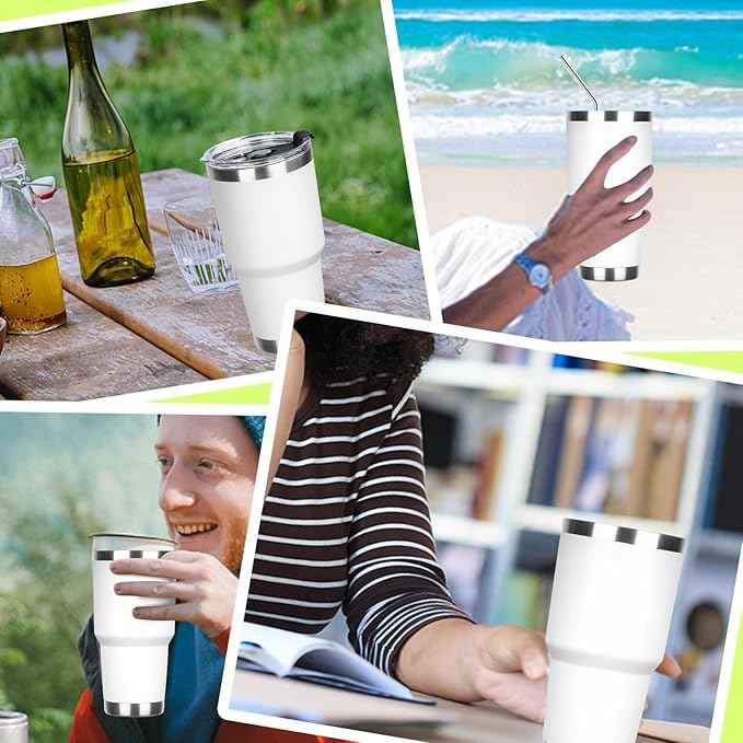 30 oz Tumbler with Lids and Straws Double Wall Insulated Tumbler Cup,Stainless Steel Leak-proof Thermal Coffee Tumbler Powder Coated Travel Mug for Cold and Hot Beverages,White