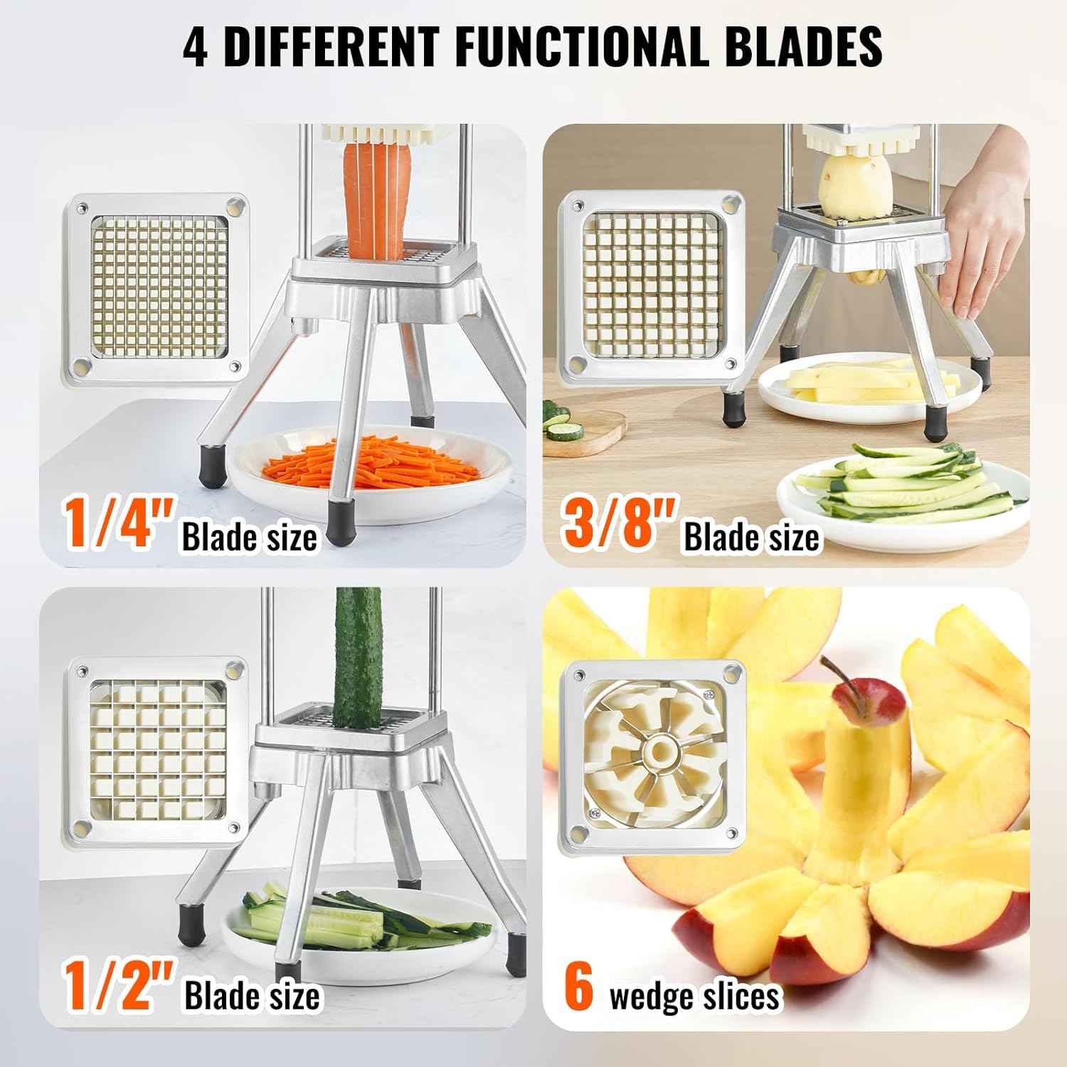 VEVOR Commercial Vegetable Chopper w/ 4 Replacement Blades, Stainless Steel French Fry Cutter Potato Dicer & Fruit Slicer for Restaurants & Home Kitchen