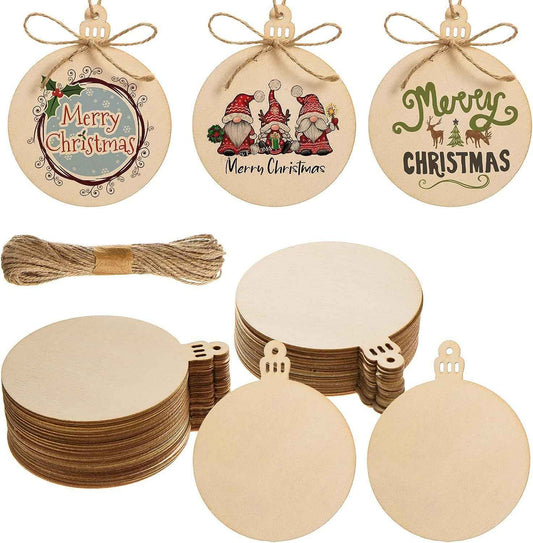 72 Pcs Unfinished Wooden Circles with Holes - Blank Round Wood Discs Slices - Wooden Christmas Hanging Ornaments with Twine for DIY Crafts Present Tags Xmas Party Decor, 3.1x4