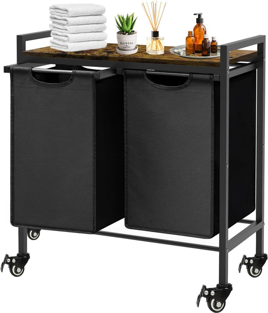 Double Laundry Hamper with Wheels & 2 Pull Out Section Removable Bags, Extra Large Dual Rolling Laundry Sorter Basket Organizer with Shelf for Bathroom, Bedroom, Laundry Room, 2 x 9Gal, Black