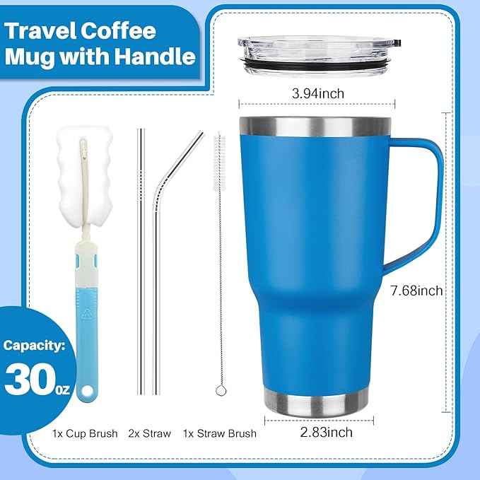 30 oz Tumbler with Handle, Stainless Steel Insulated Tumbler with Lid and Straw, Double Wall Vacuum Coffee Mug Tumbler, Insulated Coffee Thermal Cup for Cold and Hot (Sea Blue)