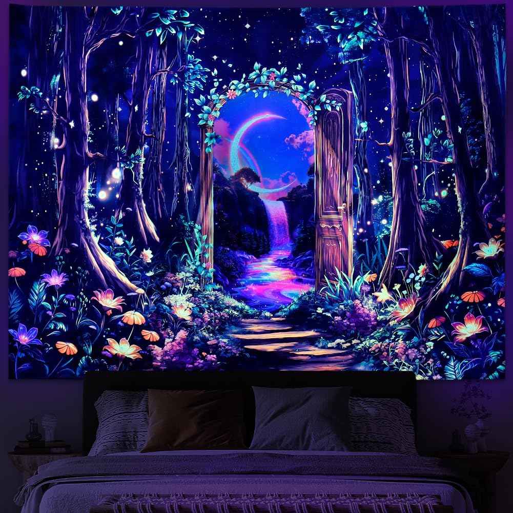 Heynvioo Blacklight Forest Tree Tapestry UV Reactive Moon Tapestry Flower Floral Tapestries Fantasy Landscape Tapestries Aesthetic Plant Wall Hanging Decor for Home