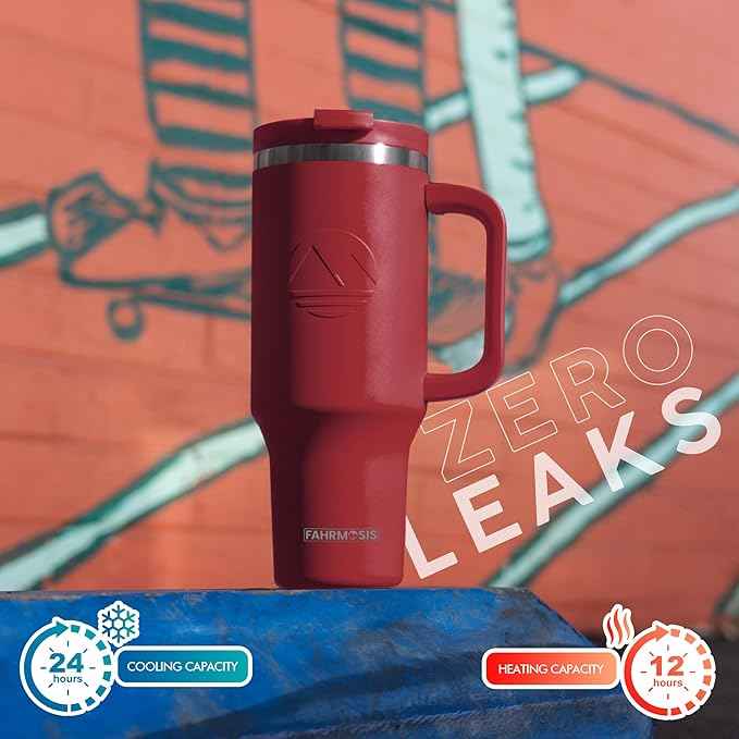 FAHRMOSIS 40 Oz Tumbler with Handle and Straw Insulated Cup that Fits in Cup Holder for Hot & Cold Drinks Leak Proof Tumbler with Straw Stainless Steel Travel Mug for Men & Women - Red