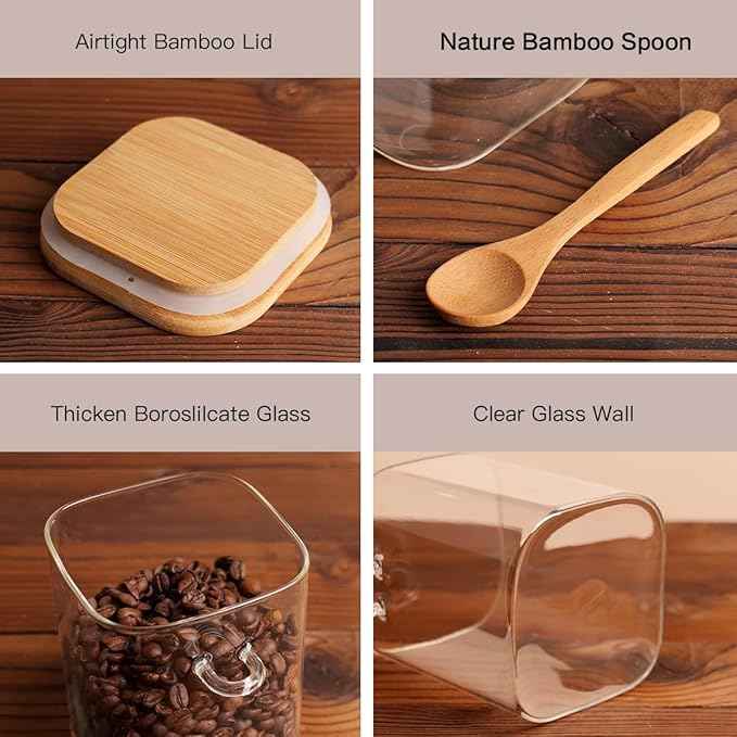 HHMJSM 6 Pcs Square Glass Jar with Bamboo Lid and Spoon - 27 oz Large Sugar Container with 148 Kitchen Pantry Spice Jar Labels Preprinted - Glass Containers with Wooden Lids Hold Coffee, Tea, Candy