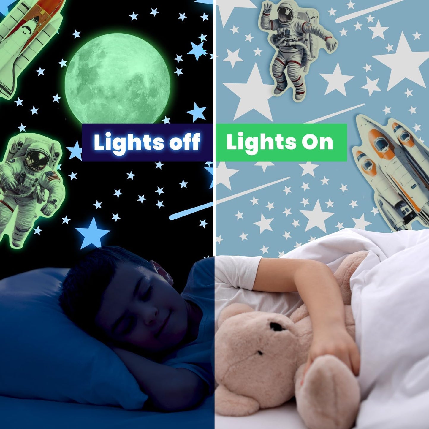 Glow in The Dark Stars for Ceiling, Luminous Stars and Moon USA Astronaut Rocket Spaceship Wall Decals, Space Decoration, Sticky Fluorescence Stars, Kids Room Decor, Galaxy Wall Stickers
