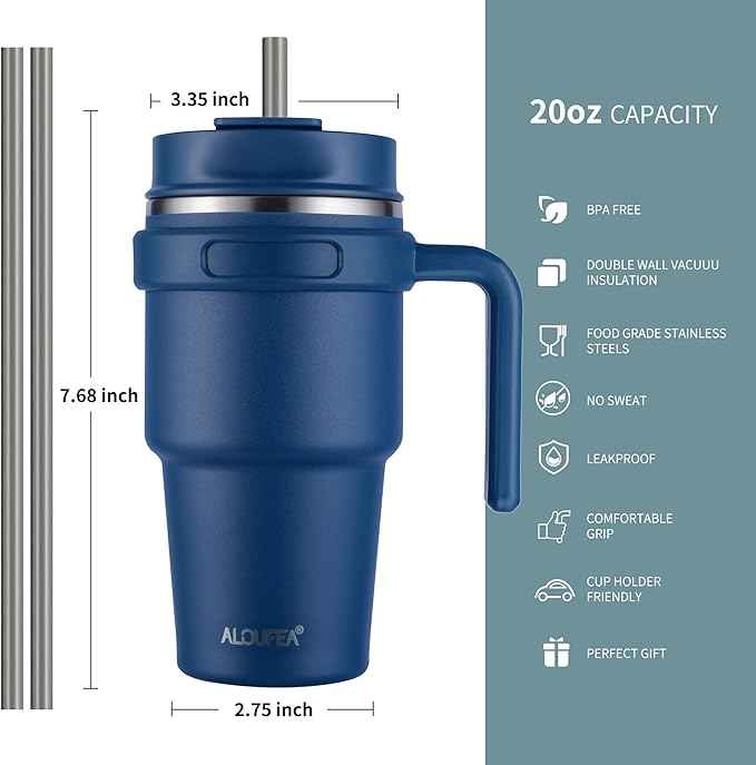 20 oz Insulated Coffee Mug Tumbler with Handle, Stainless Steel Travel Mug Tumbler with Lid and Straw,Double Wall Vacuum Leak Proof Ice Coffee Thermal Cup, Navy/Indigo Black