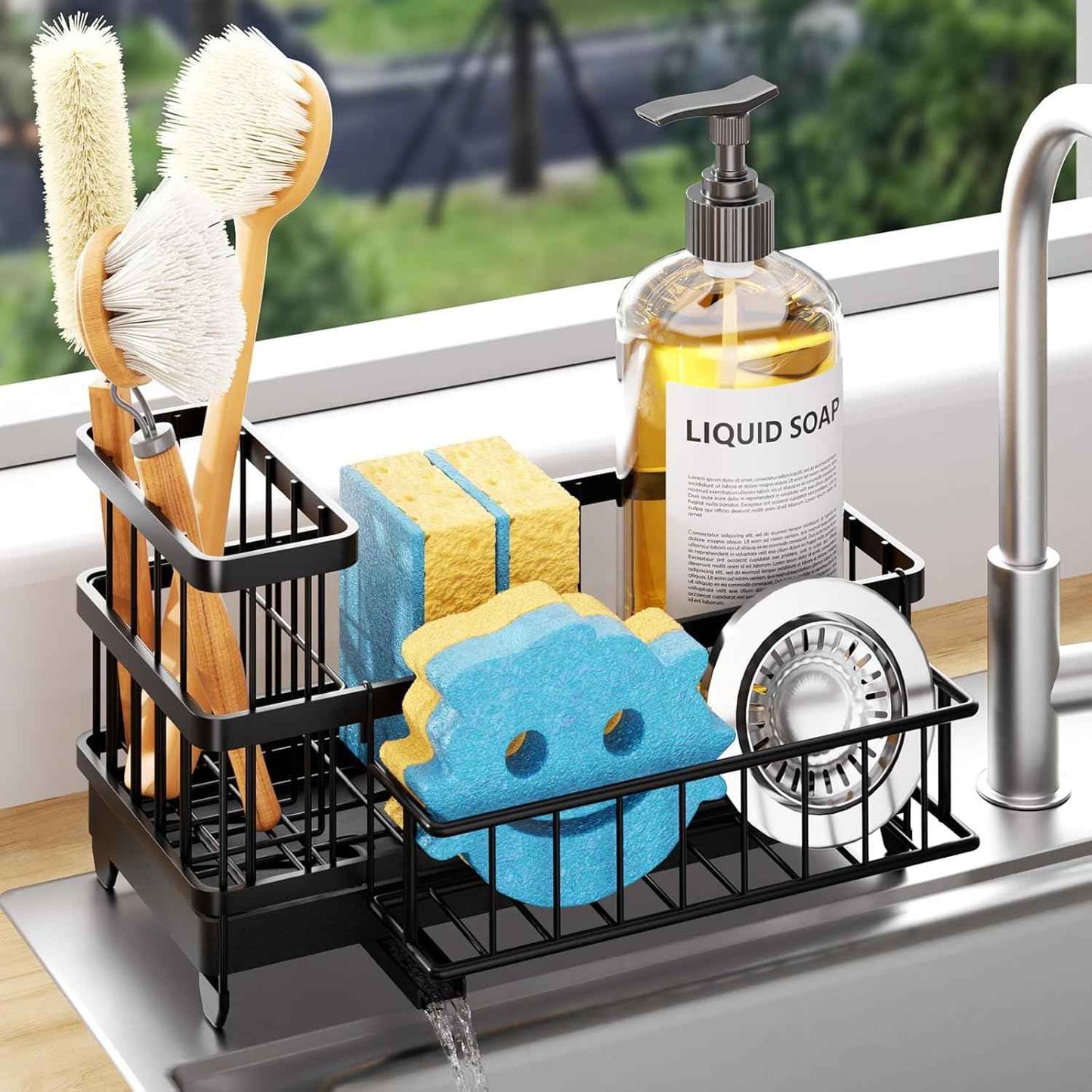 Consumest Sponge Holder for Kitchen Sink - Auto Draining Sink Caddy Organizer with Detachable Rack, High Brush Holder, Kitchen Countertop Storage Accessories, Black