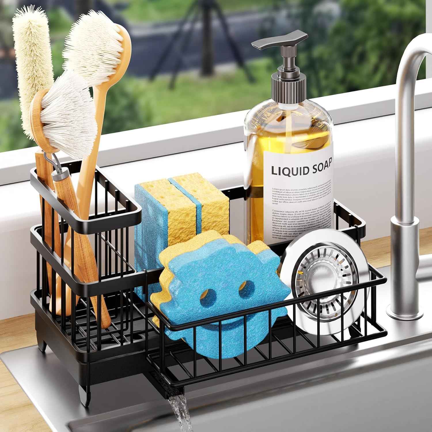 Consumest Sponge Holder for Kitchen Sink - Auto Draining Sink Caddy Organizer with Detachable Rack, High Brush Holder, Kitchen Countertop Storage Accessories, Black