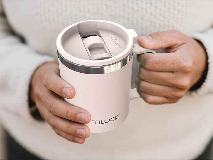 TILUCK 12 oz Insulated Coffee Mug with Lid, Double Wall Vacuum Insulated Travel Mug Cup with Handle for Hot or Cold Drinks（12oz，Matte SakuraPink）