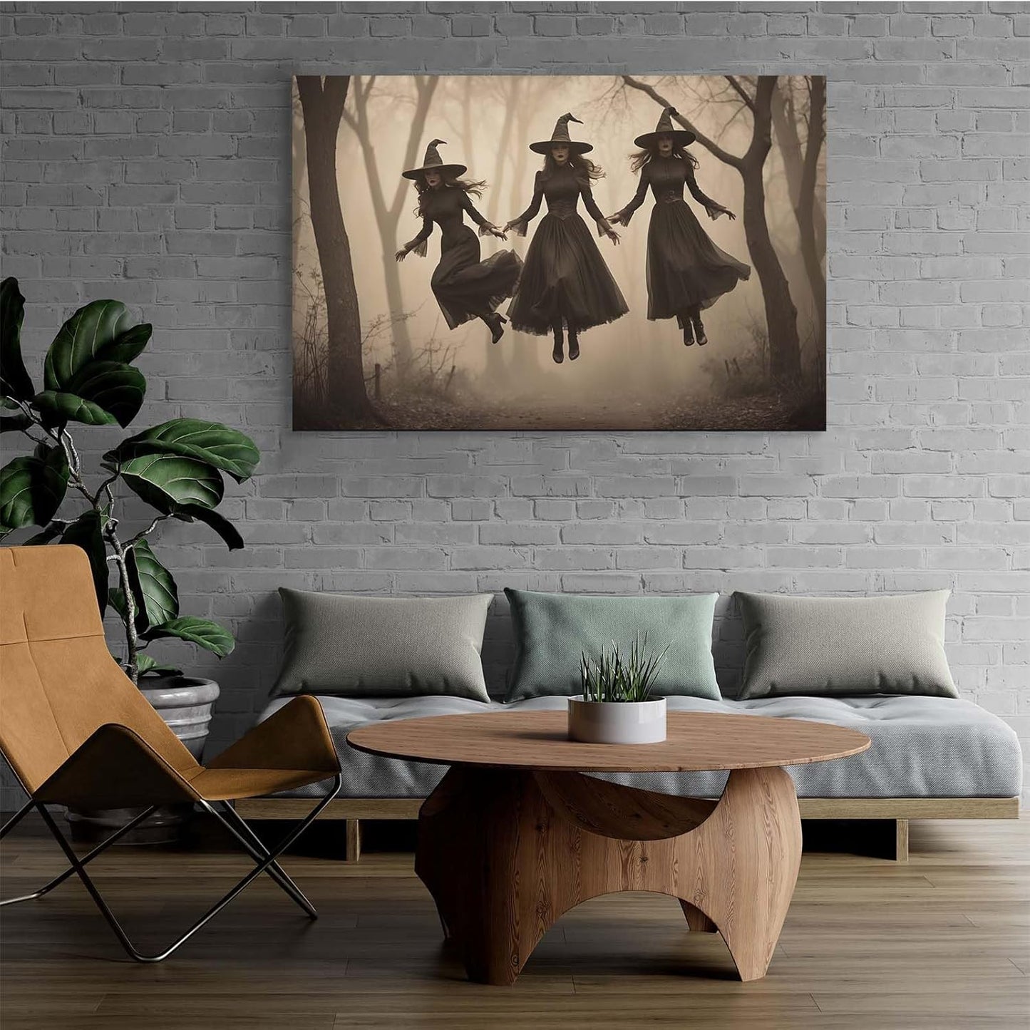 JFHCQJPK Three ghost witches flying in vintage forest gothic wall art witchcraft decoration holiday gift canvas wall art print32x48in Frameless