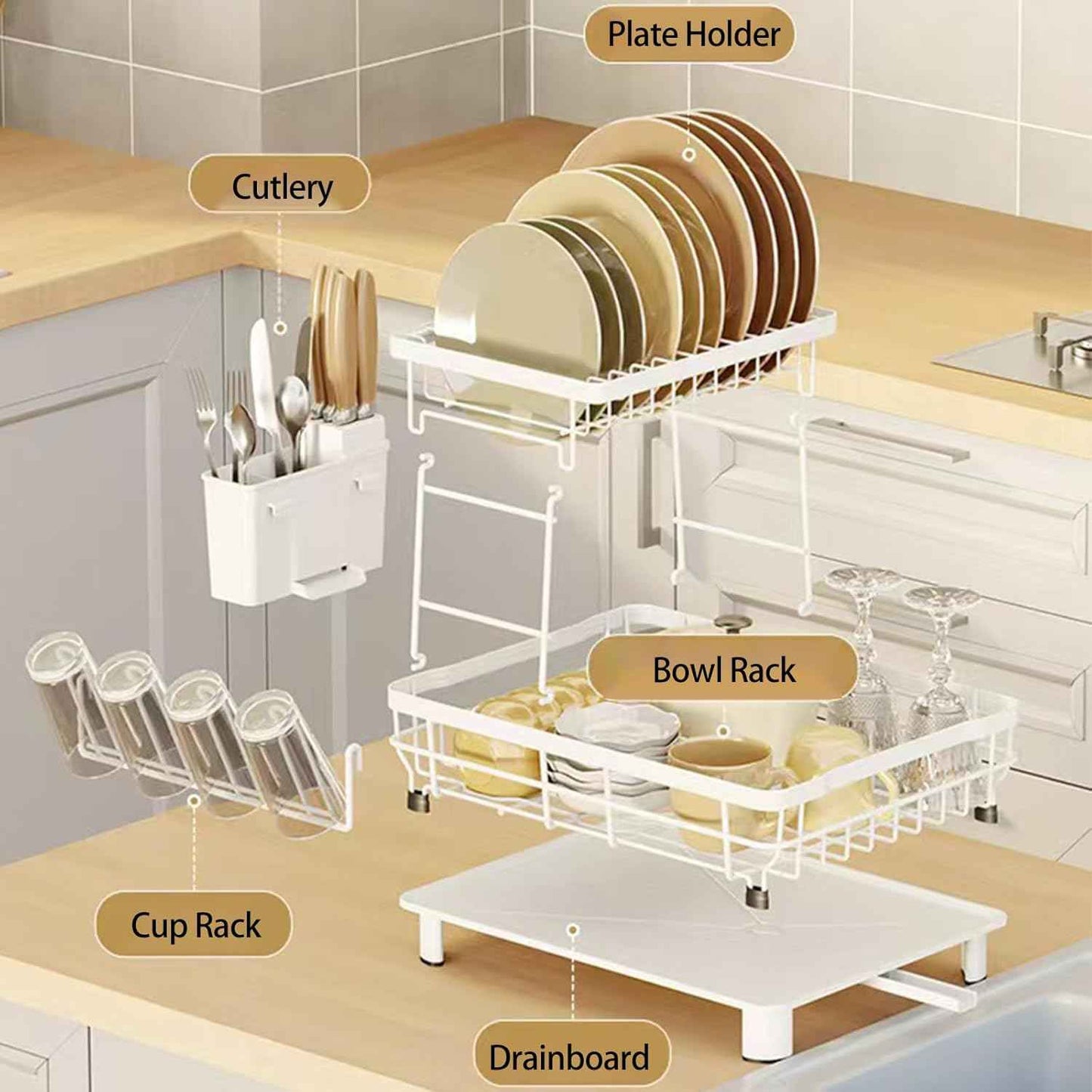 Small 2 Tier Dish Drying Rack, Space Saving Dish Racks for Kitchen Counter, Kitchen Organizer Dish Drainer with Cutlery Holder for Spoons and Forks, 11''W x 15''L, White