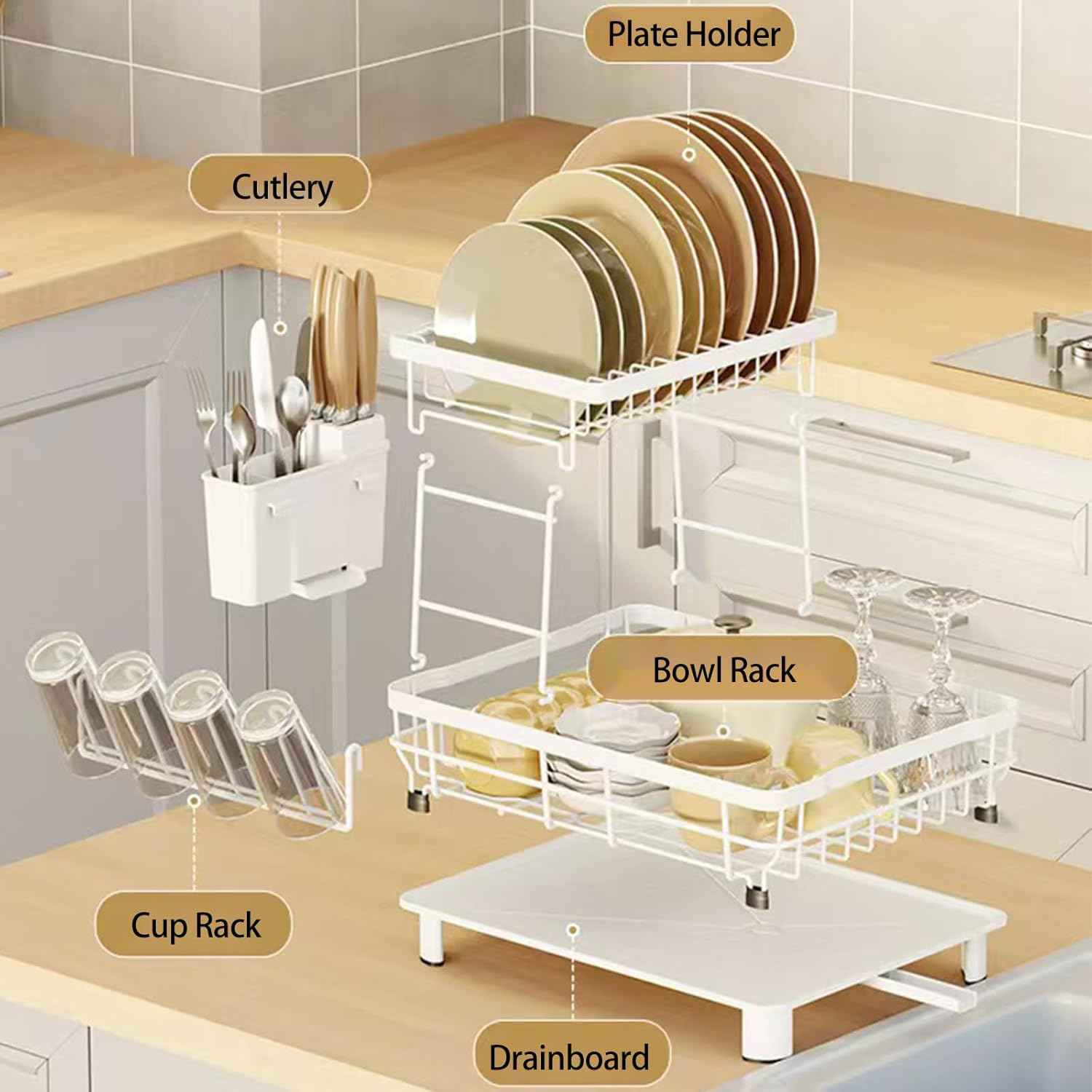 Small 2 Tier Dish Drying Rack, Space Saving Dish Racks for Kitchen Counter, Kitchen Organizer Dish Drainer with Cutlery Holder for Spoons and Forks, 11''W x 15''L, White