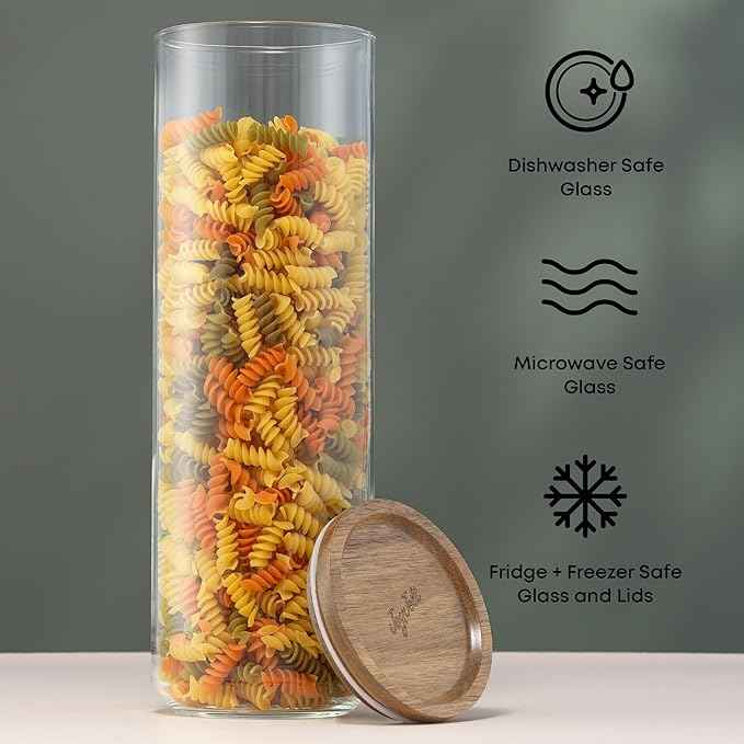 JoyJolt Holden 72oz Stackable Glass Storage Containers with Lids, Large Kitchen Food Storage Canisters with Acacia Wood Lids, Airtight Canister Set of 3 for Pasta Sugar Flour, Pantry Organization