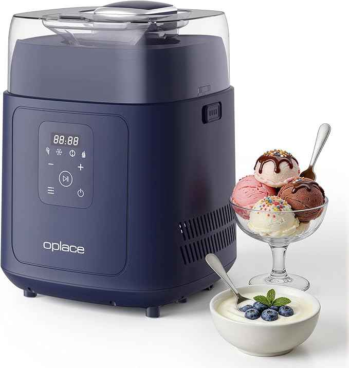 4-in-1 Compressor Ice Cream Maker (1.0Qt), No Pre-Freezing, Automatic Yogurt Maker, Gelato Sorbet Frozen Yogurt Soft Serve Machine, Compact Vertical Design for Home Kitchen(Blue)