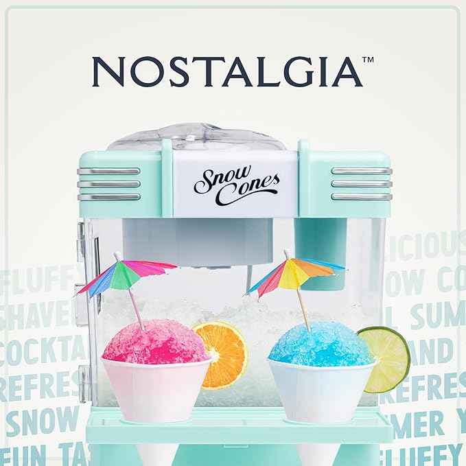 Nostalgia Snow Cone Machine With 2 Reusable Plastic Cups & Ice Scoop for Easy Serving- Retro Table-Top Ice Cone Maker Makes 20 Icy Treats- Slushie Machine for Parties, Family Treats & Gatherings- Aqua