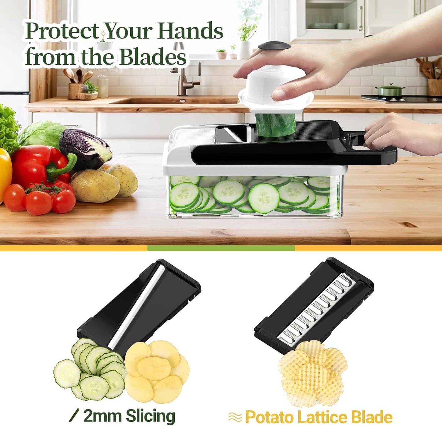 StoreHappily 12-in-1 Vegetable Chopper, 7 Blades Veggie Chopper with Container and Lid, Dicer, Slicer, Multifunctional Kitchen Gadgets, Vegetable Cutter with Handle, Onion Cutter(Black/White)
