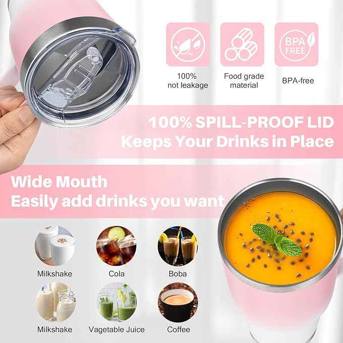 30 oz Stainless Steel Insulated Tumbler with Handle, Double Wall Vacuum Insulated Coffee Mug Tumbler, Thermal Cup for Cold and Hot (Pink White)