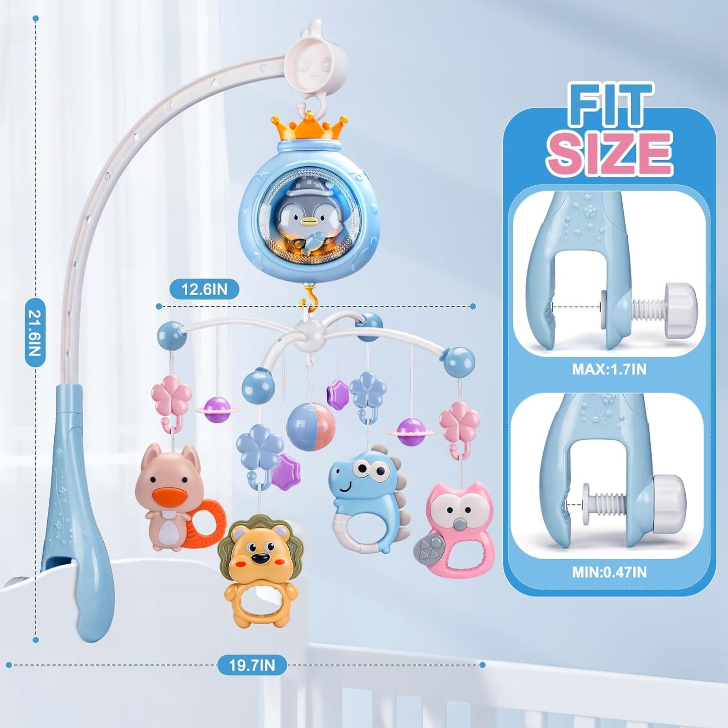 Crib Mobile with Music and Lights,Mobiles for Cribs, Baby Mobile Arm Toys Hanging for Girls Boys Infants 0-6 6-12 Months, Bassinets Nursery Musical Portable Mobile Clip On Pack and Play(Bule)