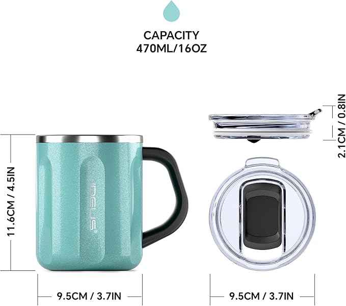 Ideus 16 oz Coffee Cup, Stainless Steel Coffee Travel Mug, Spill Proof Tea Mug with Handle and Lid, Lightweight and Durable, Great for Office Home and Outdoor Use, Sky Blue-FUJI FLOW
