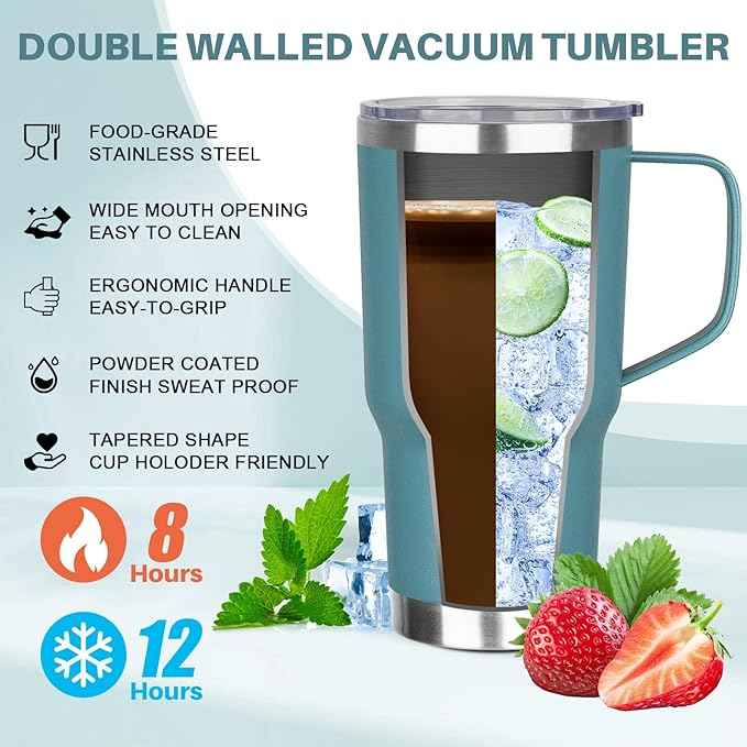 30 oz Tumbler with Handle, Stainless Steel Insulated Tumbler with Lid and Straw, Double Wall Vacuum Coffee Mug Tumbler, Insulated Coffee Thermal Cup for Cold and Hot (Maya Blue)