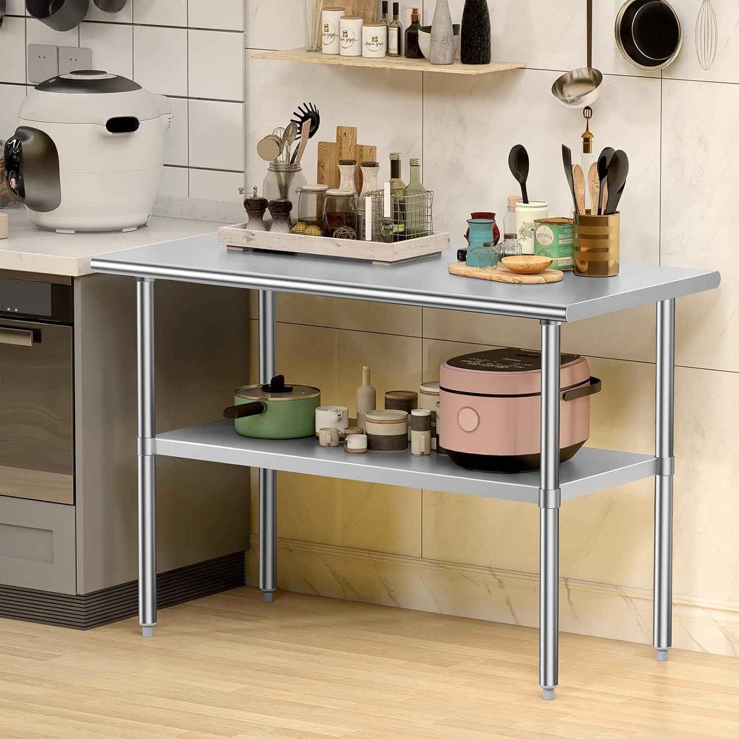 Stainless Steel Table for Prep & Work, 24x48 Inches, Metal Commercial Heavy Duty Table with Adjustable Under Shelf for Restaurant, Home and Hotel
