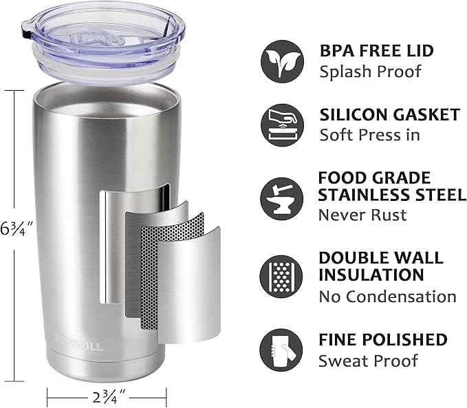 SUNWILL Travel Coffee Tumbler 20 oz, Stainless Steel Mug with Lid, Insulated Cup for Water, Tea, Hot and Cold Drinks, Silver