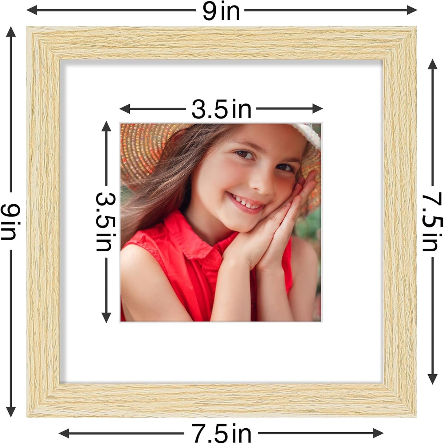 Vittanly 8x8 Picture Frames Set of 9, Shatter Resistant Plexiglass, Display 4x4 Pictures with Mat or 8x8 without Mat, Photo Frames for Wall Mount, Engineered Wood, OAK