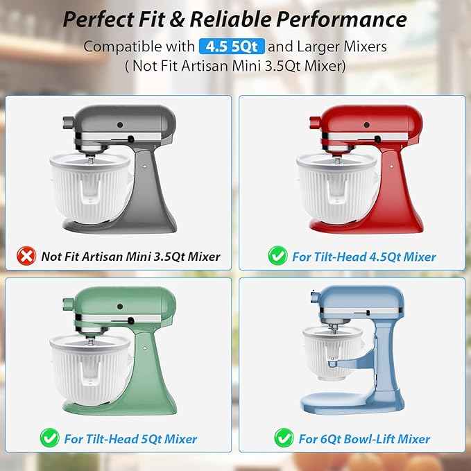 GuanQiao Ice Cream Maker Attachment: For KitchenAid Stand Mixer, Fits 4.5/5QT/6QT/7QT Models. 2 Quart Capacity, Makes Frozen Yogurt & Gelato
