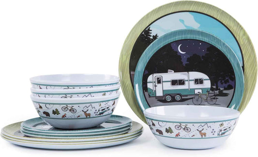 12-Piece Melamine Dinnerware Set, Lightweight Unbreakable Plates and Bowls Set, Outdoor Camping Dishes – Perfect for RV, Picnic, Backpacking, Patio,Getaways (Service for 4)