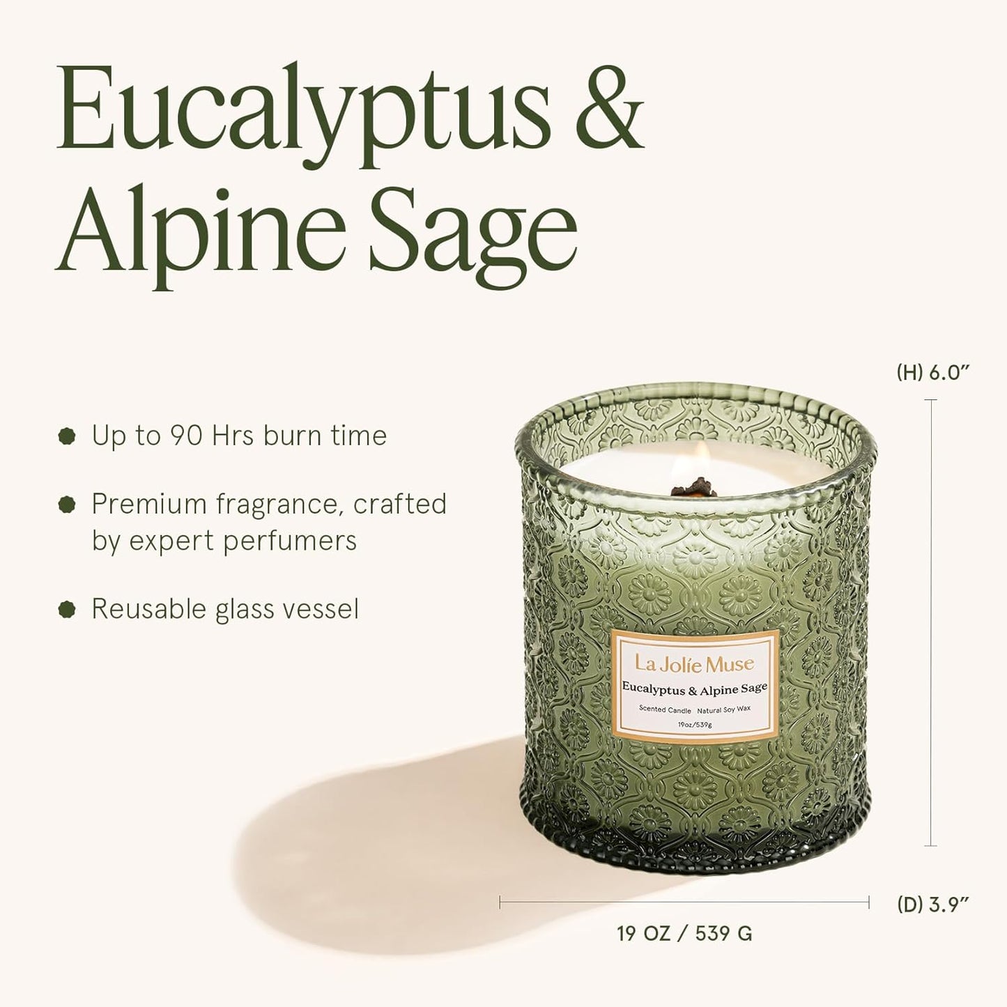 LA JOLIE MUSE Eucalyptus & Alpine Sage Candle – Eucalyptus, Sage & Lavender | 19 oz Wooden Wick | Natural Soy Wax | 90 Hours Burn | Candle for Relaxation
