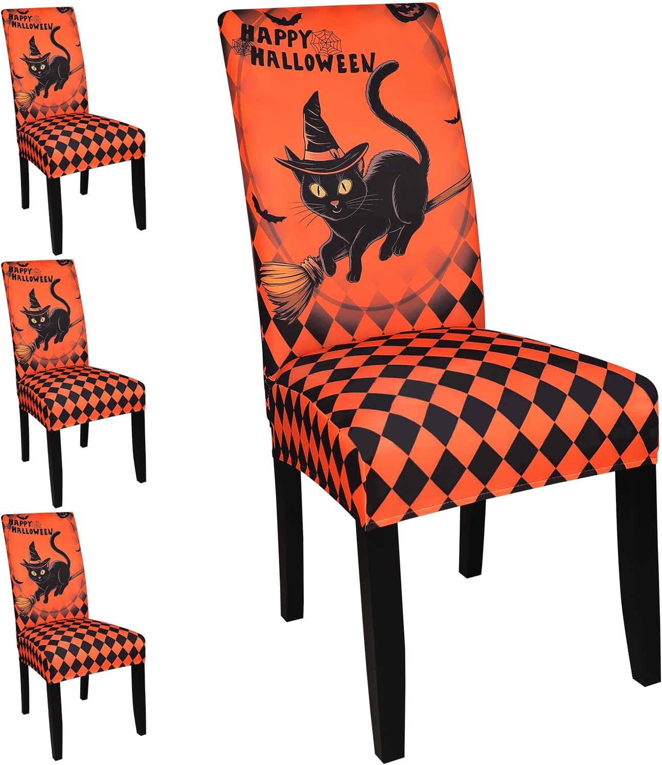 JQinHome Orange Halloween Chair Slipcover,Cat Chair Covers Set of 4, High Stretch Washable Chair Protector Cover for Dining Room, Kitchen,Home Party,Wedding Ceremony(Cat Orange,4PC)