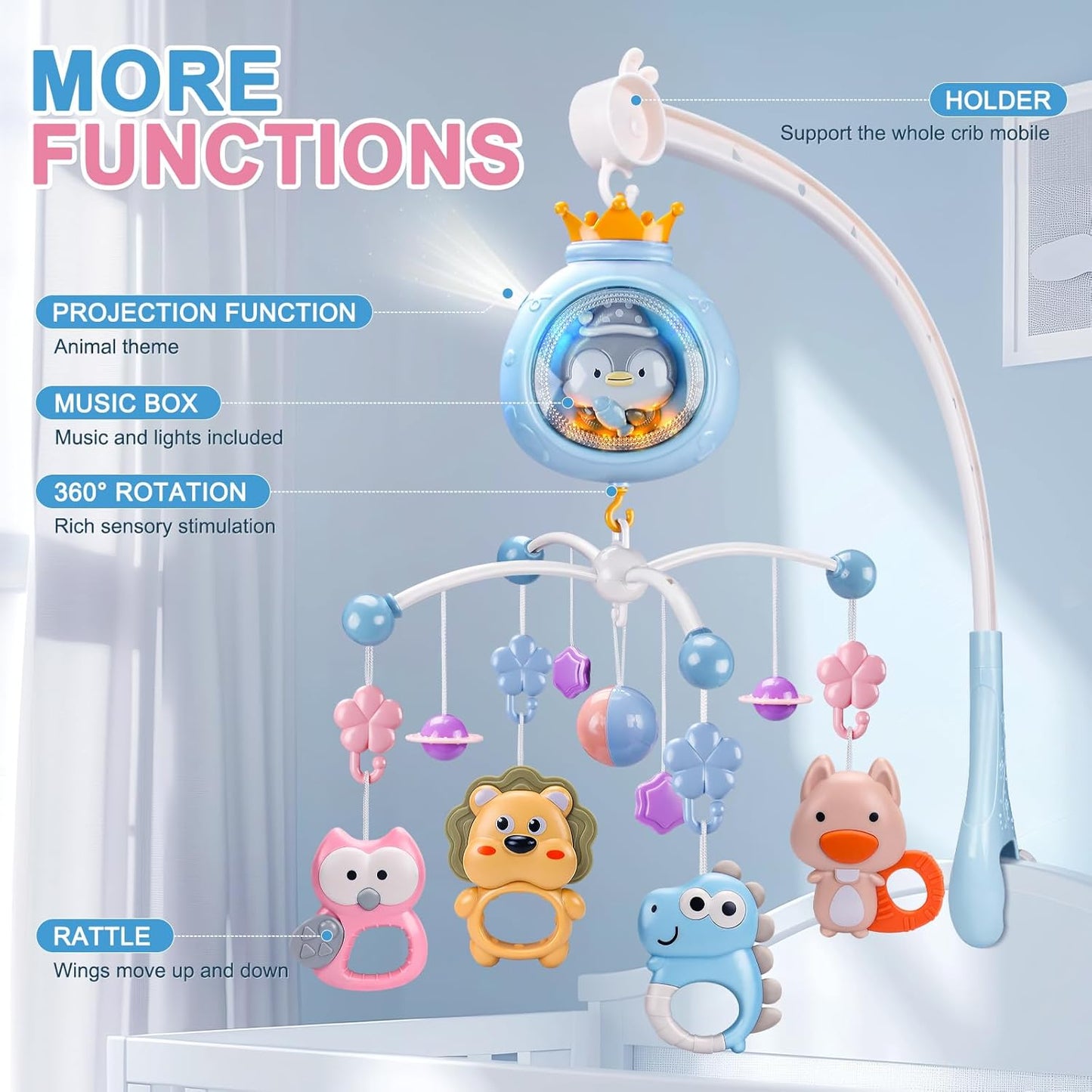 Crib Mobile with Music and Lights,Mobiles for Cribs, Baby Mobile Arm Toys Hanging for Girls Boys Infants 0-6 6-12 Months, Bassinets Nursery Musical Portable Mobile Clip On Pack and Play(Bule)