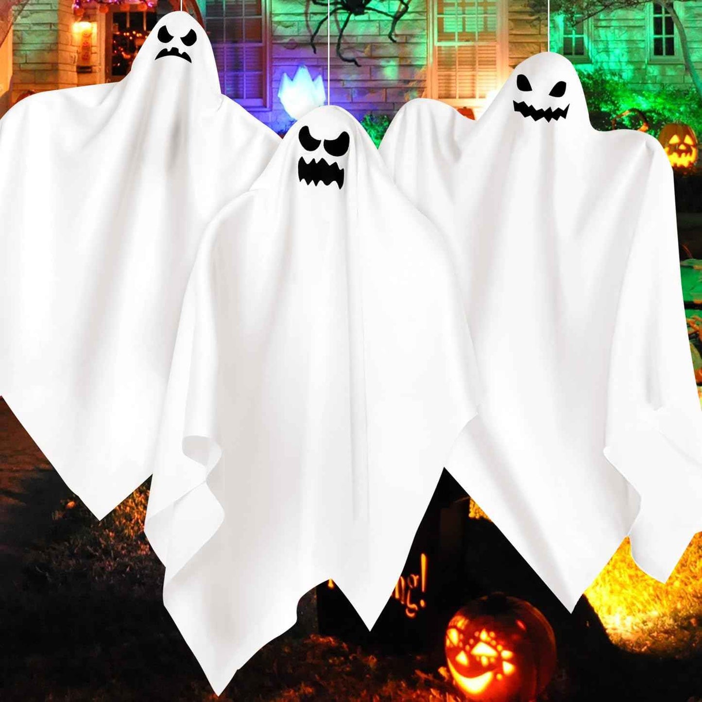 3 Pack Halloween Hanging Ghosts Decor, Outdoor Hanging Ghosts, Ghost of Halloween Decorations, 28" Flying Ghost Halloween Party Decor for Front Yard Patio Lawn Garden Trees Indoor Outside Holiday